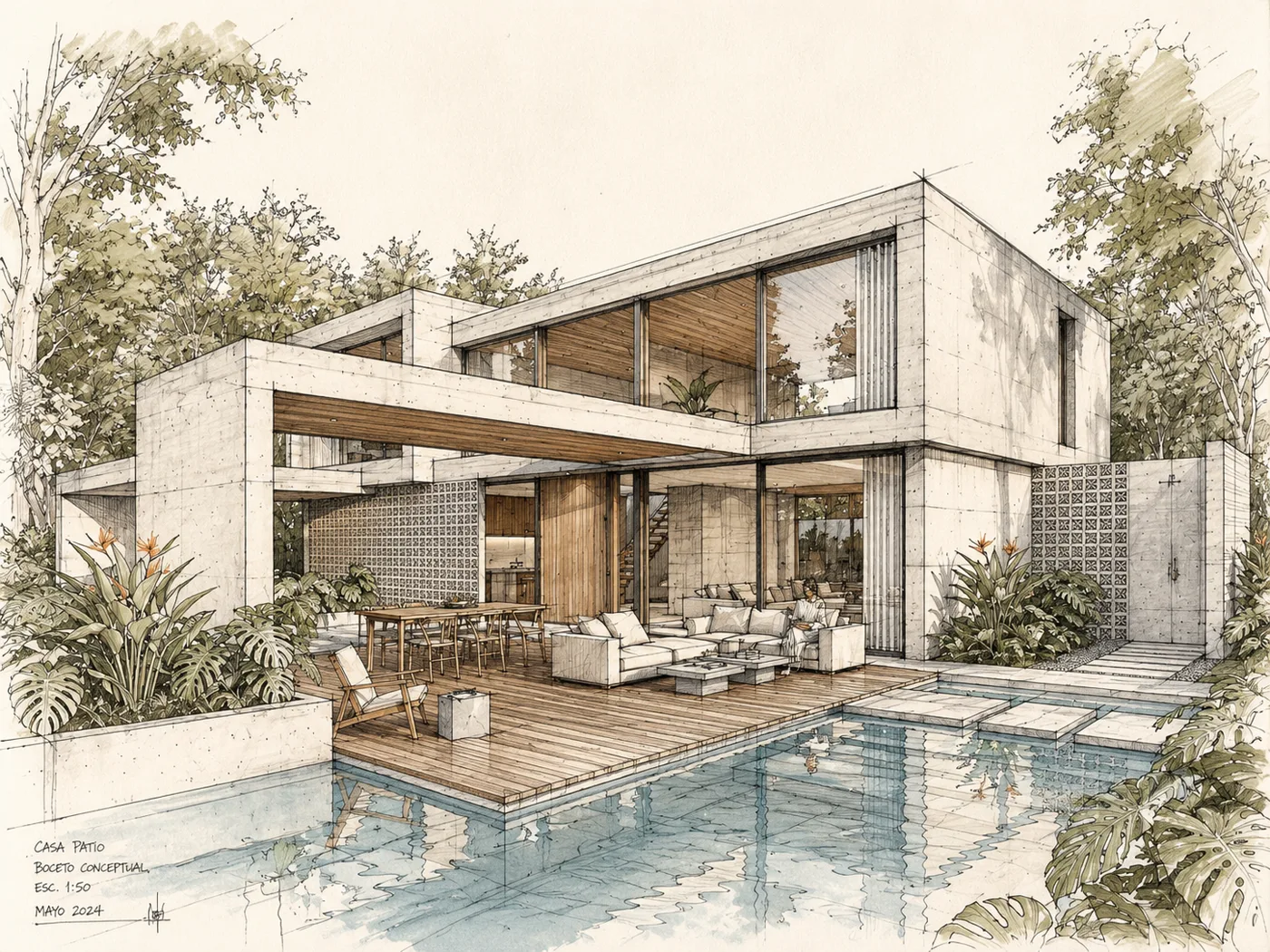 Boceto de una casa con pileta y galería