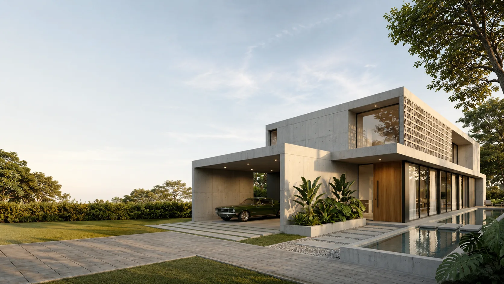 Casa de hormigón con pileta y galería de madera