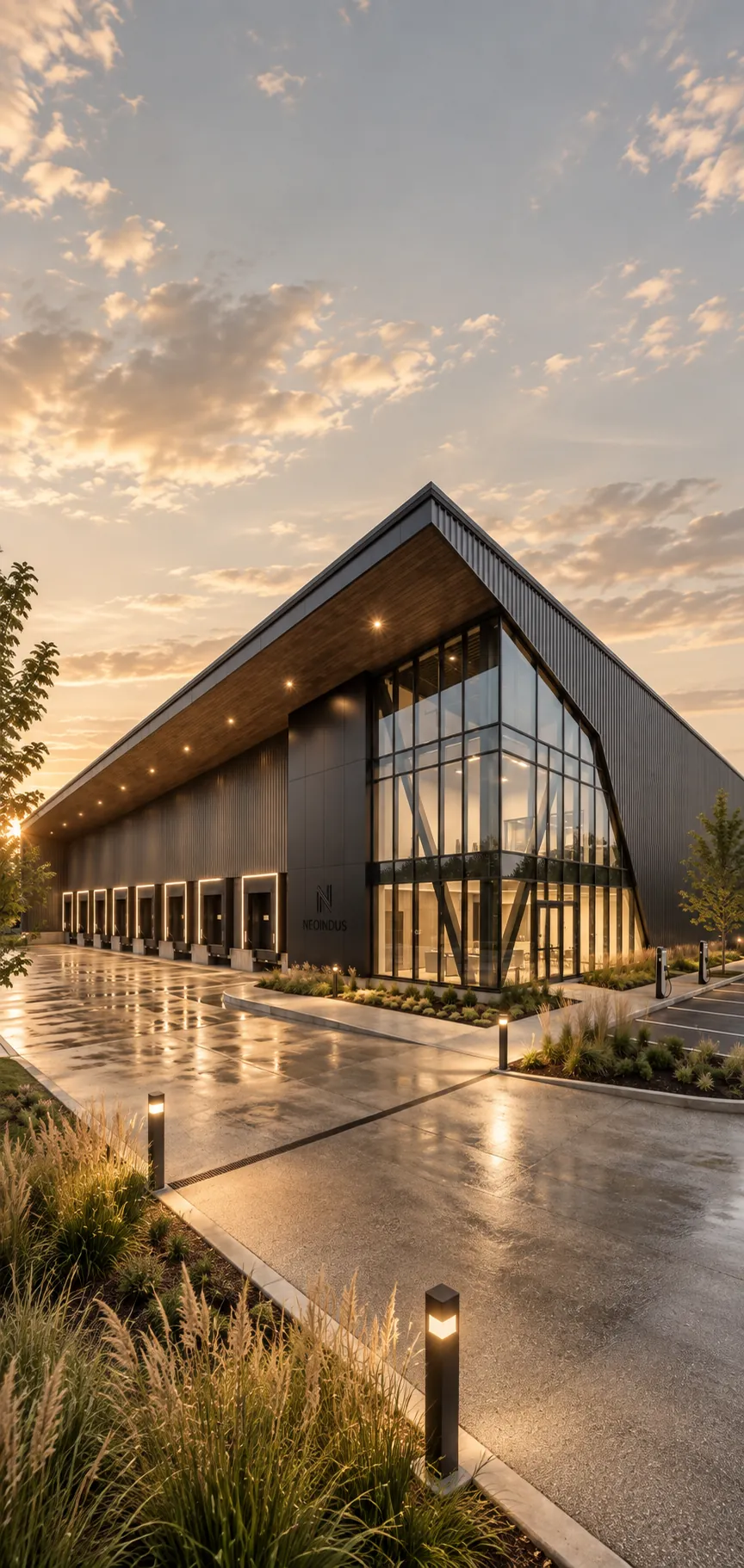 Edificio de oficinas de vidrio y madera al atardecer