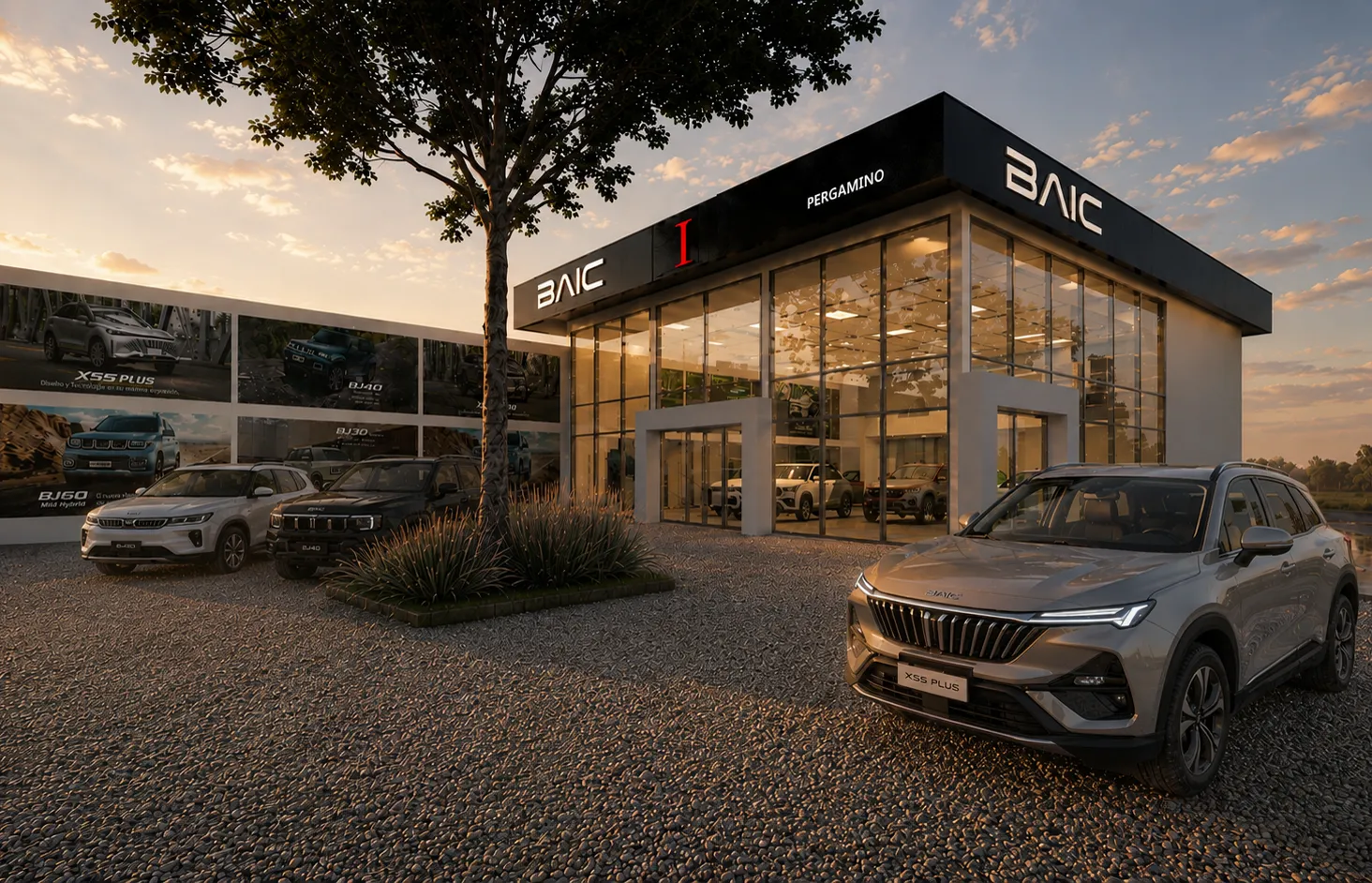 Concesionaria BAIC al atardecer