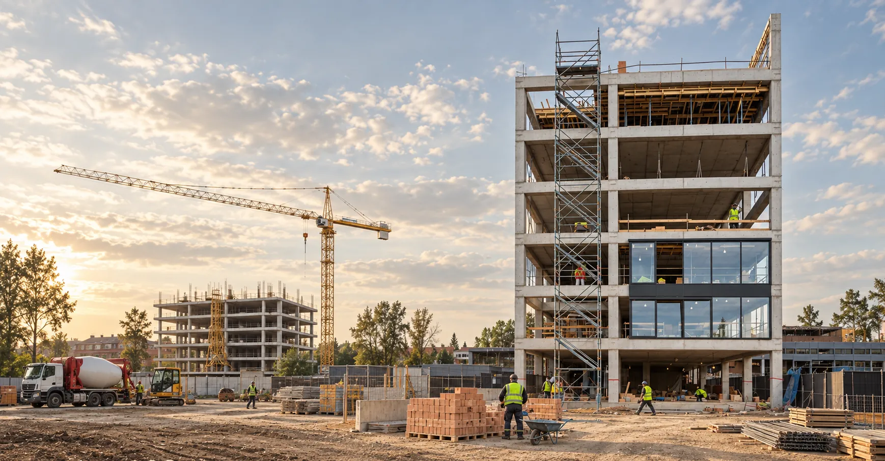 Obra en construcción con estructura de hormigón y maquinaria