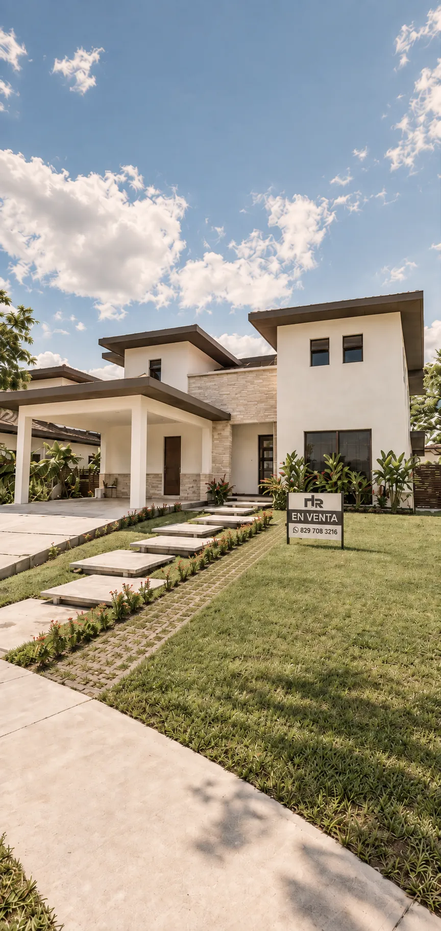 Fachada de una casa con un cartel de venta